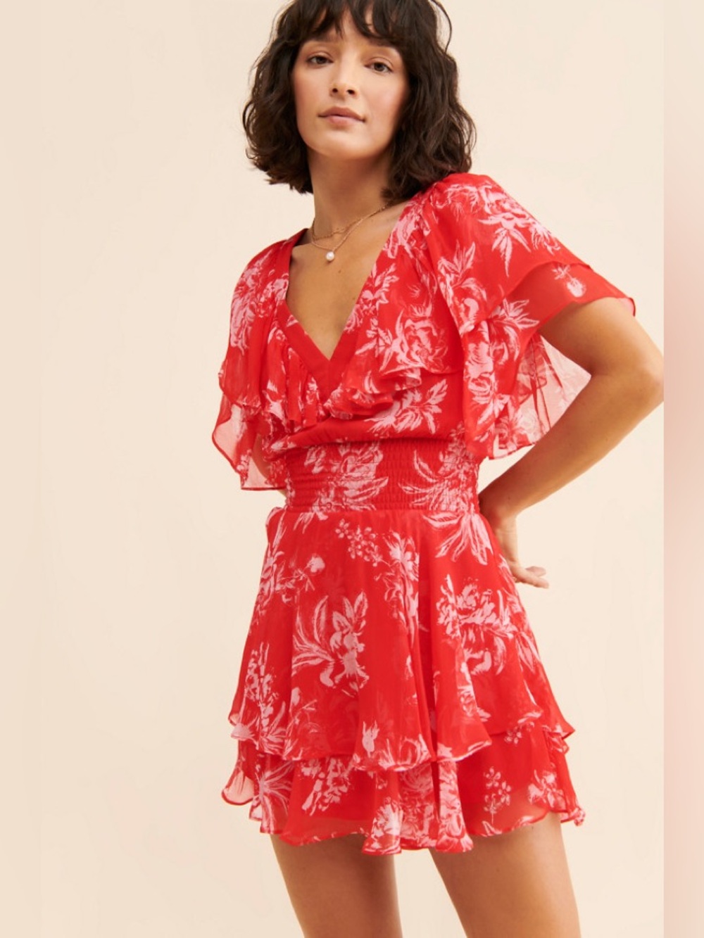 Gilner Farrar Finley Floral Ruffle Dress Smocked Waist Red White Mini Size M